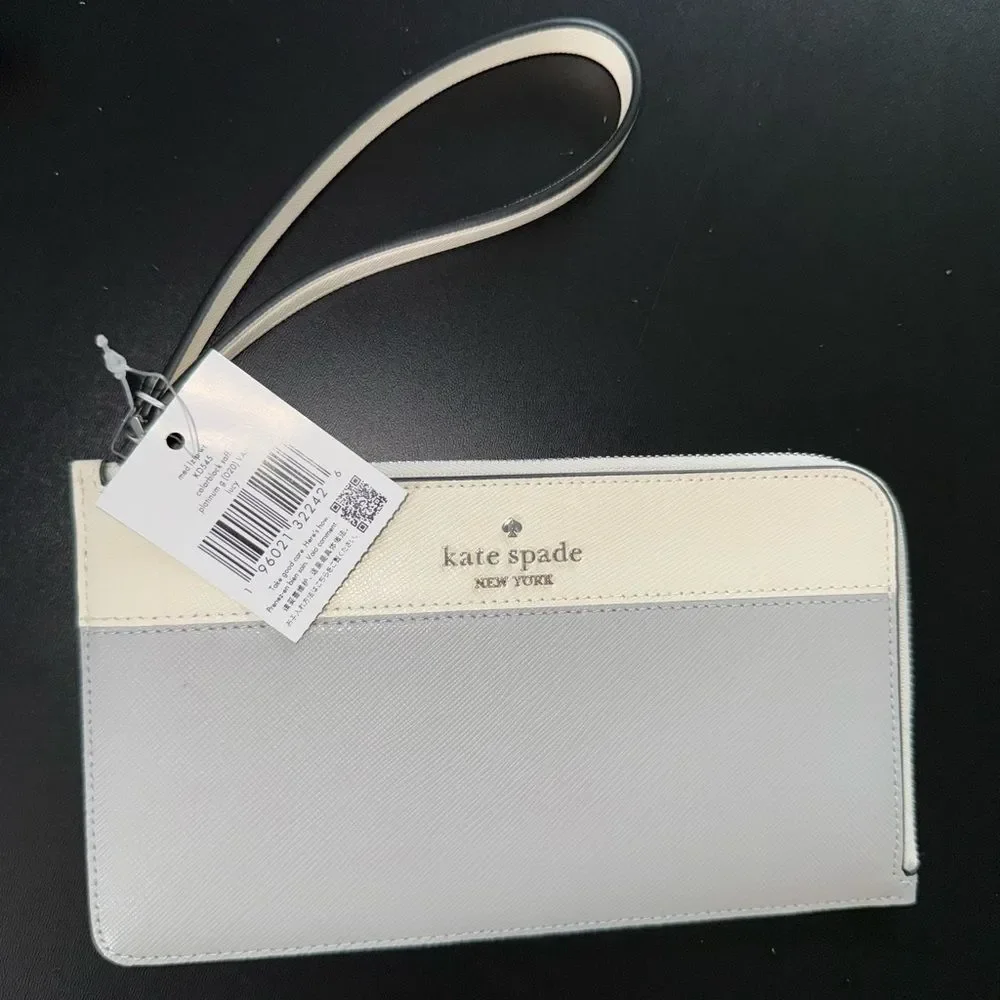 Kate Spade Lucy L-Zip Wristlet Platinum Grey colorblock Saffiano leather NWT